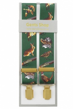 Green Trouser Braces with Pheasants Dogs and Hunting Designs